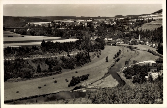 Postcard Saalburg in Thuringia, landscape photo, river, meadows, trees, view from Künsdorfer Berg