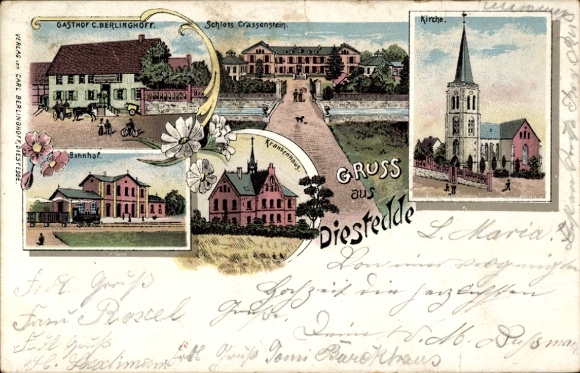 Litho Diestedde Wadersloh in Westfalen, Schloss Crassenstein, Gasthof, Bahnhof, Krankenhaus
