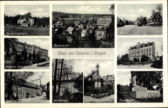 Postcard Gelenau in the Ore Mountains, convalescent home, partial view, Lower School, Mark, Gasthof Katze...