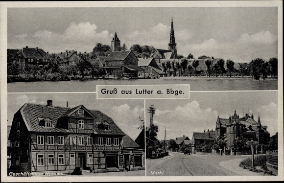Postcard Lutter am Barenberge in Lower Saxony, partial view, Hermes commercial building, market