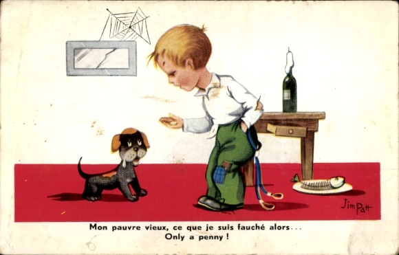 Artist Postcard Patt, Jim, Mon pauvre vieux, child, dog, spider web