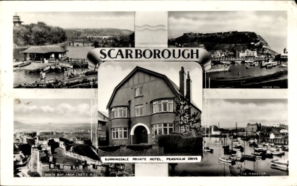 Postcard Scarborough North Yorkshire, Sunningdale Hotel, Harbour, Castle Hill, Masholm Park, North Bay
