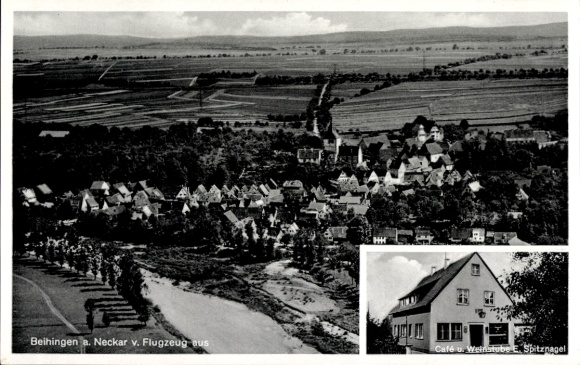 Ak Beihingen Freiberg am Neckar, luchtfoto van Beihingen, Café E. Spitznagel, prachtig landschap