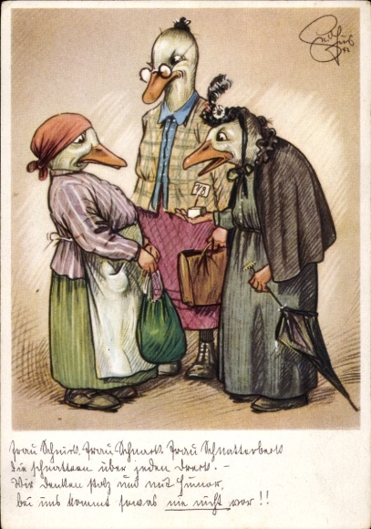 Artist Postcard Humanized geese, they cackle about every dirt