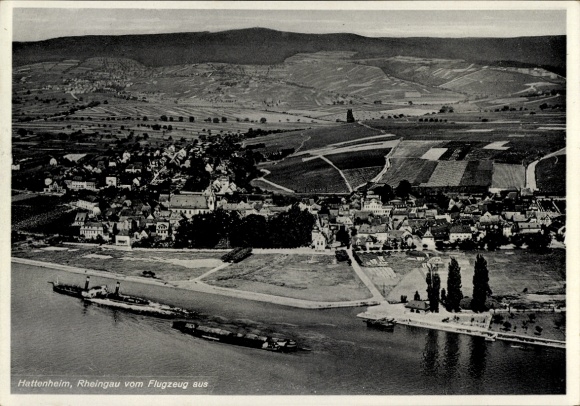 Ak Hattenheim Eltville am Rhein Hessen, Luftaufnahme von  Rheingau, Rhein, Schiffe