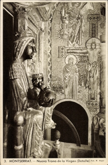 Postcard Montserrat Catalonia, detail of the new throne of the Virgin, mosaic, statue