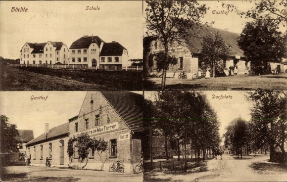 Postcard Hörlitz Schipkau in Lower Lusatia, school, Gasthof Max Tarrer, village square