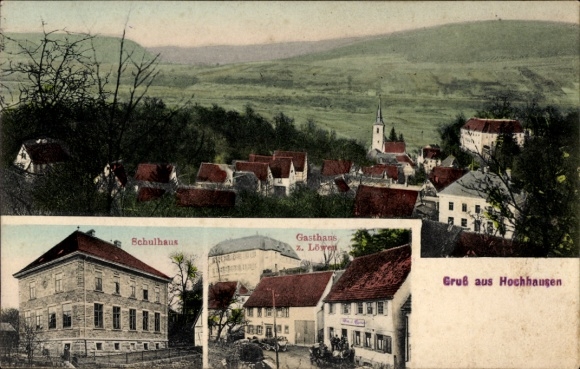 Postcard Hochhausen Haßmersheim, general view, church, castle, school, Gasthaus zum Löwen