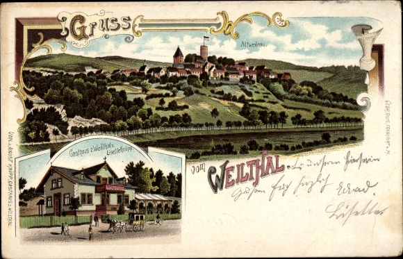 Litho Altweilnau Weilrod im Taunus, Panorama, Inn zum Weilthal