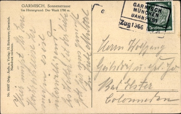 Postcard railway postmark Garmisch-Munich train 1366