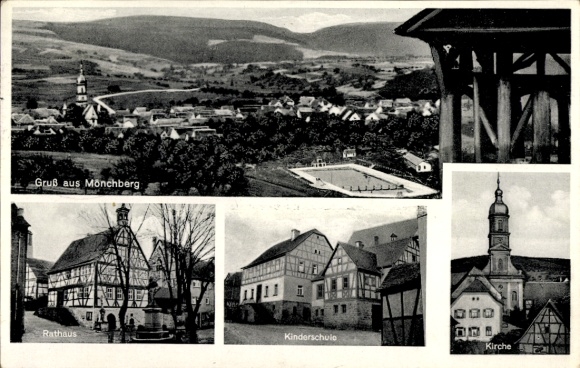 Postcard Mönchberg im Spessart, from town hall, children's school, church