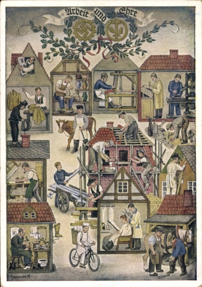 Künstler Ak Reichshandwerkertag 1936, Arbeit und Ehre, Friseur, Bäcker, Töpfer, Schornsteinfeger
