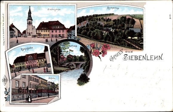 Chromo-Litho Siebenlehn Großschirma in Saxony, Romanus, Ratskeller, school, customs house