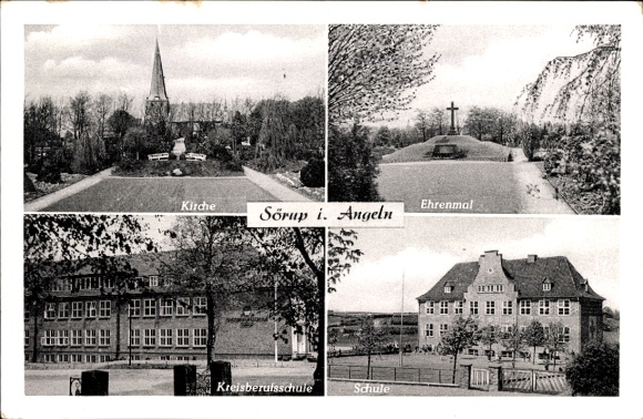 Ak Sörup in Visserij, kerk, gedenkteken, districtsvakschool, school