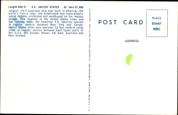 Postcard Steamer SS United States, steamship, United States Lines, USL