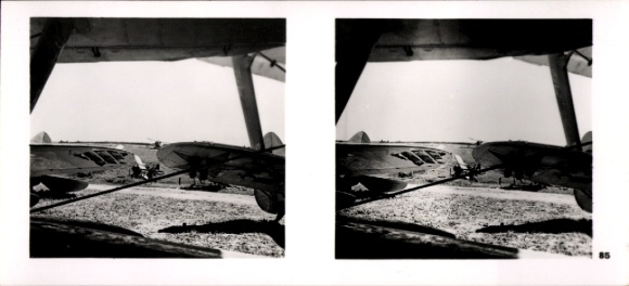 Stereo image photo Flying and Winning No. 85, Soviet fighter planes at Soviet airport