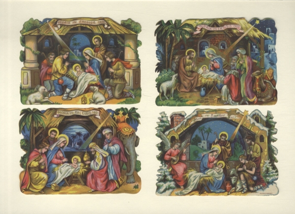 4 opłatki ze scenami biblijnymi, historia Bożego Narodzenia, w stajni betlejemskiej, każdy o wymiarach ok. 8,5 x 12 cm