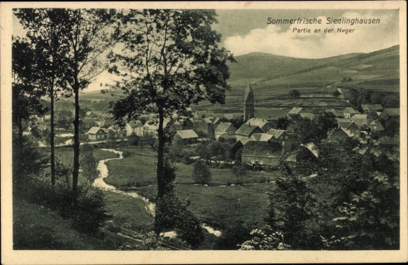 Postcard Siedlinghausen Winterberg in the Sauerland, village view, church building, river, rural idyll