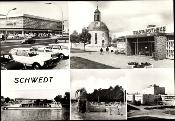 Postcard Schwedt on the Oder, town pharmacy, paddling boat, ship, center department store