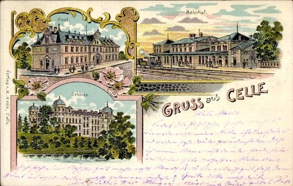 PC Celle in Lower Saxony, post office, castle, train station, greetings from Celle
