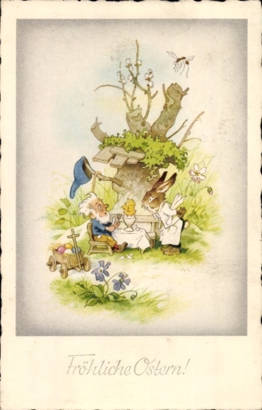 Ak Glückwunsch Ostern, Osterhase als Kellner, Zwerg, Küken