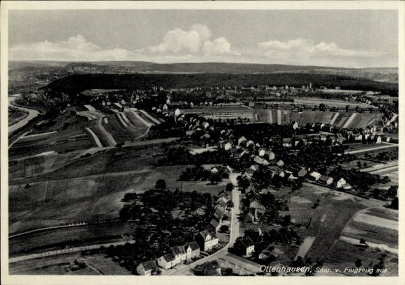Postcard Ockfen on the Saar, aerial view of Ottenhausen, many houses, landscape, river