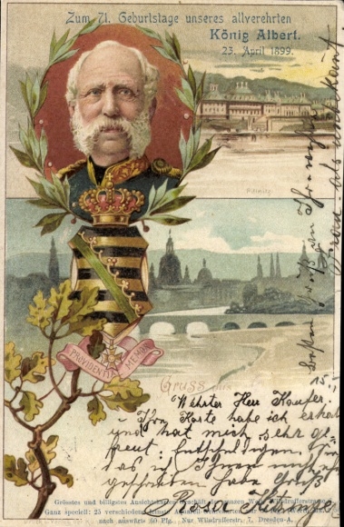 Coat of arms litho King Albert of Saxony, Providentia Memor, Pillnitz, 1828-1898, 70th anniversary