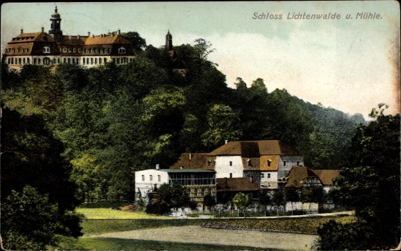 Ak Lichtenwalde Niederwiesa im Kreis Mittelsachsen, Blick auf Schloss und Mühle, Häuser