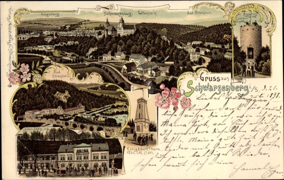 Chromo-Litho Schwarzenberg in the Ore Mountains of Saxony, Galgenberg, Bad Ottenstein, King Albert Tower