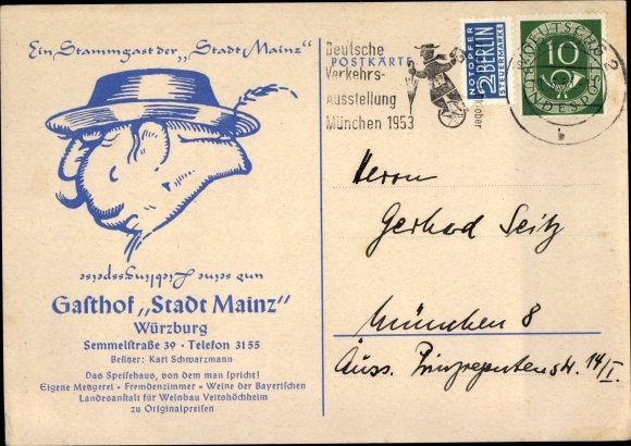 Vexier Postcard Würzburg am Main Lower Franconia, Gasthof Stadt Mainz, Semmelstraße 39, a regular guest