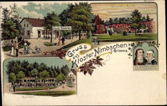 litho Nimbschen Böhlen Grimma in Saksen, klooster, tuin, ruïnes, Martin Luther, Katharina von Bora