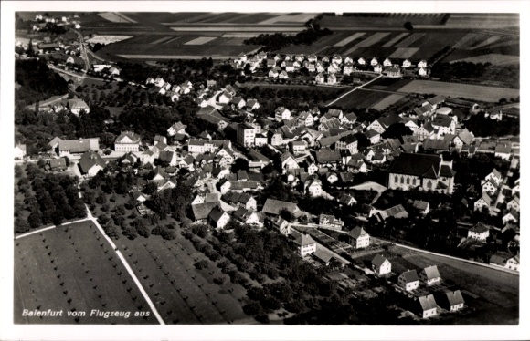 Postcard Baienfurt in Upper Swabia Württemberg, aerial view of residential buildings, fields, trees