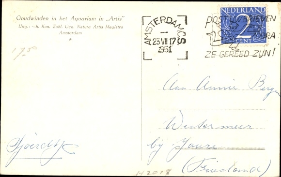 Postcard Aquarium Artis, Amsterdam Zoological Garden, Gold Orfe