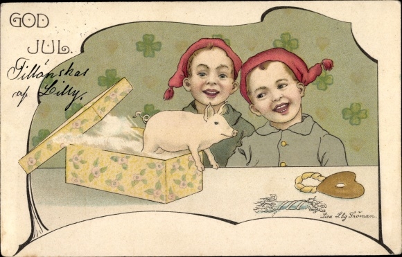 Künstler Litho Lindberg, Lisa, Glückwunsch Weihnachten, Schwein, Kleeblätter, Jungen