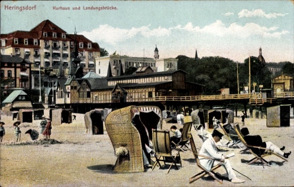 Postcard Ostseebad Heringsdorf on Usedom, spa house and landing stage