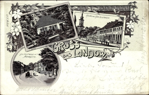 Litho Lindow in der Mark, Breitestraße, Marktplatz, Kirche, Ruine Kloster Lindow