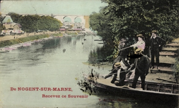 Ak Nogent sur Marne Val de Marne, Am Ufer der Marne, Angler, Boot, Viadukt