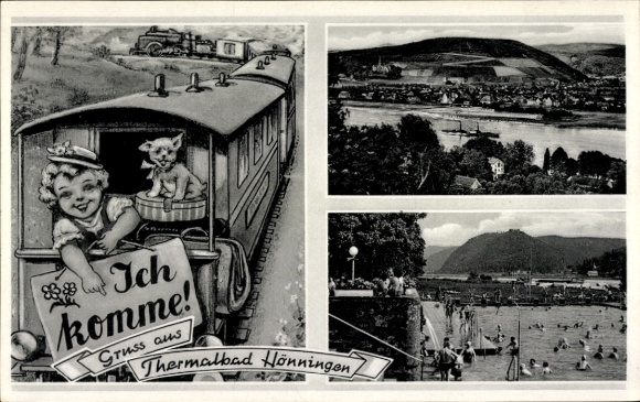 Postcard Bad Hönningen Rhine, panorama of the town, outdoor swimming pool, railway