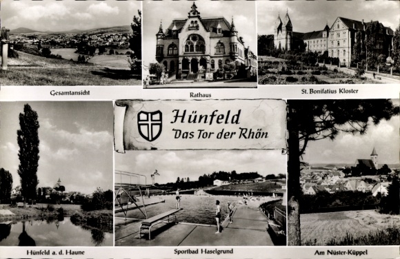 Postcard Soisdorf Eiterfeld in Hesse, general view, town hall, Haselgrund, St. Bonifatius monastery