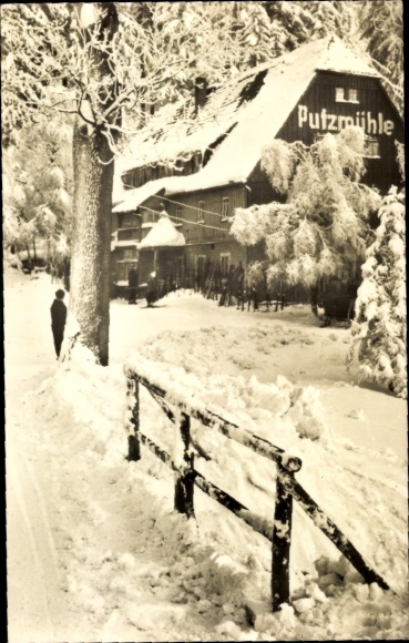 Postcard Bärenstein Altenberg Erzgebirge, Putzmühle, snowy landscape, wooden house, wintery...