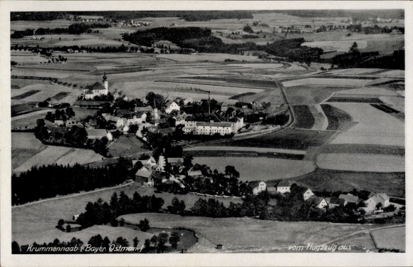 Postcard Krummennaab in the Upper Palatinate, aerial photograph, rural surroundings, church, swastika not visible