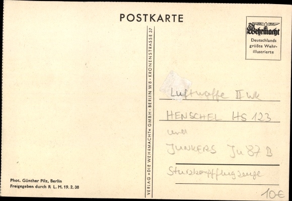 Postcard Deutsche Luftwaffe, dive bombers before take-off, Stuka, Junkers Ju 87 B, Henschel Hs 123