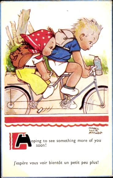 Artist Postcard Attwell, Mabel Lucy, Girl and boy on a bicycle, tandem