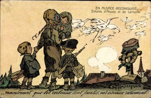 Artist Postcard Marechaux, In Reconquered Alsace, Alsatian and Lorraine Children, Soldier's Grave