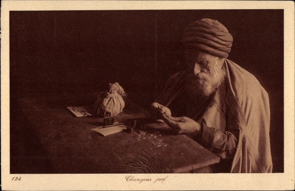 Judaica Postcard Changeur juif, coins, money