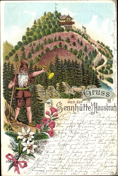 Chromo-Litho Hamburg Harburg Hausbruch, greetings from the Sennhütte, Rübezahl with trumpet, edelweiss, hill