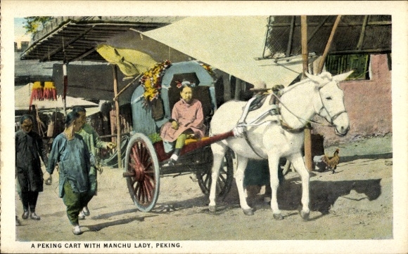 Ak Beijing Peking China, Pekinger Wagen mit einer Manchu Hu-Dame