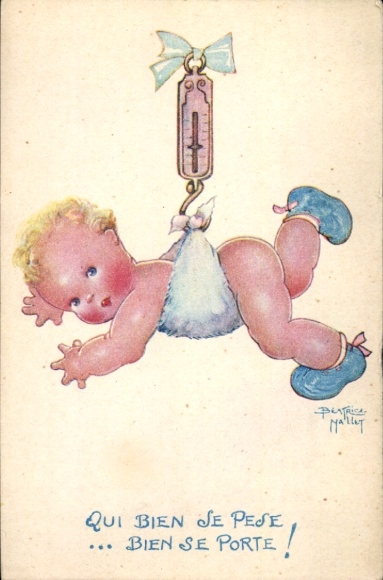 Artist Postcard Mallet, Beatrice, baby is weighed, child care