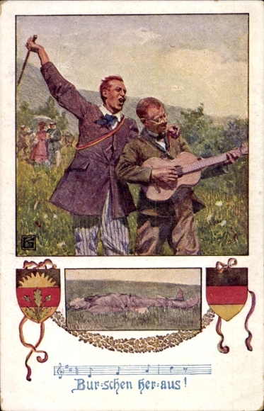 Artist Postcard Burschen out, Two Students with Guitar, German School Association No. 1232