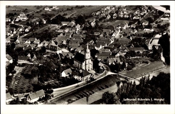 Postcard Bad Rotenfels Gaggenau in the Murgtal, climatic health resort Rotenfels, aerial photograph, church, houses, landscape